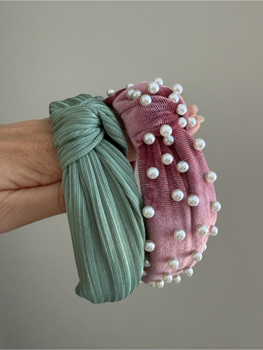 Green Knotted Headband & Pink Pearl Velvet Headband Set
